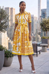 COLLAR BUTTON DOWN PAISLEY SELF-TIE MIDI DRESS (YELLOW-WHITE)