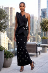 ASYMMETRICAL ONE SHOULDER STRAP CRYSTAL DETAIL BANDAGE DRESS (BLACK)