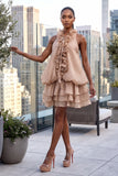 RUFFLED 3D FLORAL NECKLINE RUFFLED MINI DRESS & SHORT SET (MOCHA)