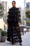 SHEER RUFFLED 3-PIECE HIGH NECK CAPE AND MAXI SKIRT SET (BLACK)