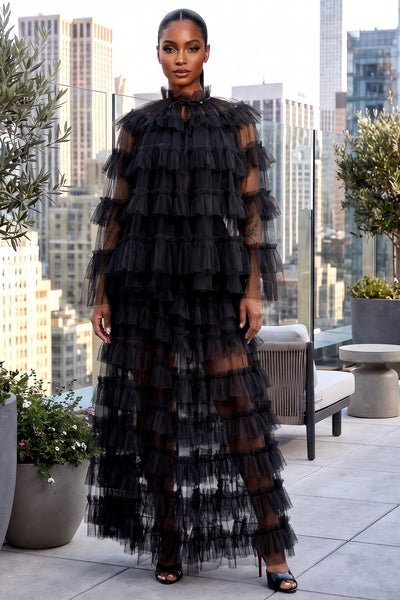 SHEER RUFFLED 3-PIECE HIGH NECK CAPE AND MAXI SKIRT SET (BLACK)