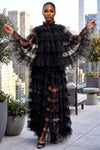 SHEER RUFFLED 3-PIECE HIGH NECK CAPE AND MAXI SKIRT SET (BLACK)