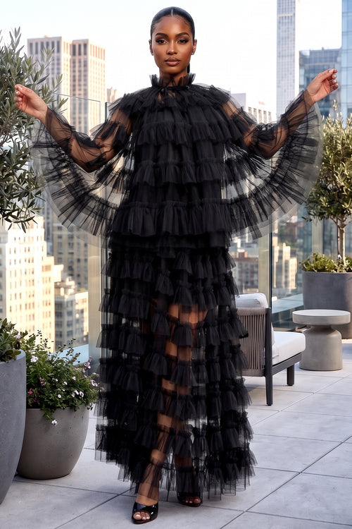 SHEER RUFFLED 3-PIECE HIGH NECK CAPE AND MAXI SKIRT SET (BLACK)