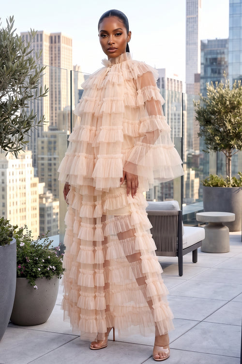 SHEER RUFFLED 3-PIECE HIGH NECK CAPE AND MAXI SKIRT SET (KHAKI)