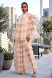 SHEER RUFFLED 3-PIECE HIGH NECK CAPE AND MAXI SKIRT SET (KHAKI)