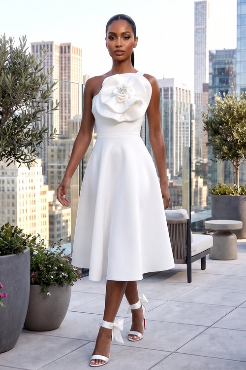 3D FLOWER SINGLE SHOULDER FLARE MIDI DRESS WITH POCKETS (WHITE)