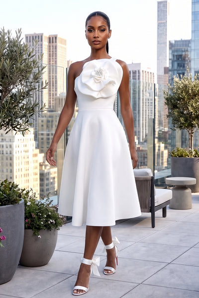 3D FLOWER SINGLE SHOULDER FLARE MIDI DRESS WITH POCKETS (WHITE)