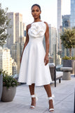 3D FLOWER SINGLE SHOULDER FLARE MIDI DRESS WITH POCKETS (WHITE)