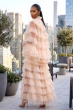 SHEER RUFFLED 3-PIECE HIGH NECK CAPE AND MAXI SKIRT SET (KHAKI)
