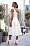3D FLOWER SINGLE SHOULDER FLARE MIDI DRESS WITH POCKETS (WHITE)