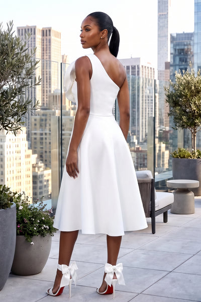 3D FLOWER SINGLE SHOULDER FLARE MIDI DRESS WITH POCKETS (WHITE)