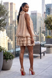 RUFFLED 3D FLORAL NECKLINE RUFFLED MINI DRESS & SHORT SET (MOCHA)