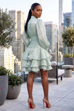 HIGH NECK CINCHED RUFFLED HEM MINI DRESS (SAGE)