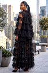 SHEER RUFFLED 3-PIECE HIGH NECK CAPE AND MAXI SKIRT SET (BLACK)