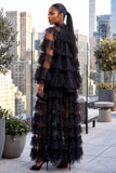 SHEER RUFFLED 3-PIECE HIGH NECK CAPE AND MAXI SKIRT SET (BLACK)