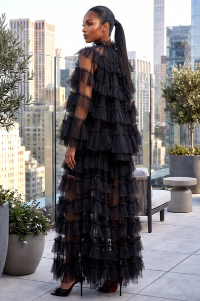 SHEER RUFFLED 3-PIECE HIGH NECK CAPE AND MAXI SKIRT SET (BLACK)