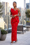 ASYMMETRICAL ONE SHOULDER STRAP CRYSTAL DETAIL BANDAGE DRESS (RED)