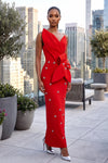 ASYMMETRICAL ONE SHOULDER STRAP CRYSTAL DETAIL BANDAGE DRESS (RED)