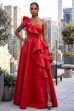 GLAMOUR SINGLE SHOULDER RUFFLES DETAIL MAXI DRESS (RED)