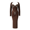 CRYSTAL BUSTIER DRAPED DETAIL BANDAGE MAXI DRESS (BROWN)