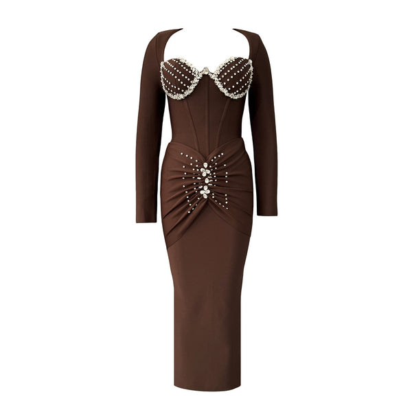 CRYSTAL BUSTIER DRAPED DETAIL BANDAGE MAXI DRESS (BROWN)