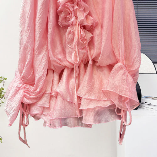 FLORAL APPLIQUE TIERED PINK MINI DRESS