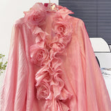 FLORAL APPLIQUE TIERED PINK MINI DRESS