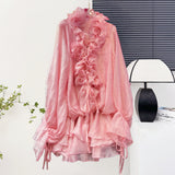 FLORAL APPLIQUE TIERED PINK MINI DRESS