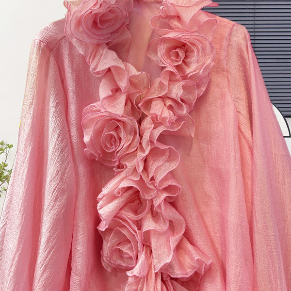 FLORAL APPLIQUE TIERED PINK MINI DRESS