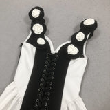 REINE V-NECK 3D FLOWERS BANDAGE CORSET MAXI DRESS (BLACK/WHITE)