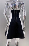 STRAPLESS FLORAL APPLIQUE MINI BANDAGE DRESS (BLACK/WHITE)