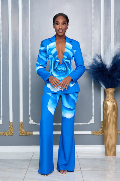 BLOOMING FLOWER ROYAL BLUE BLAZER AND PANTS SET