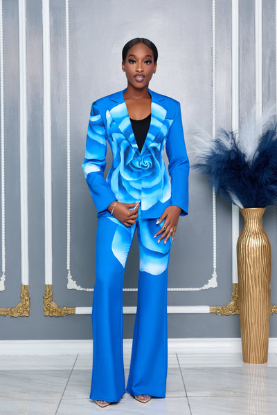 BLOOMING FLOWER ROYAL BLUE BLAZER AND PANTS SET