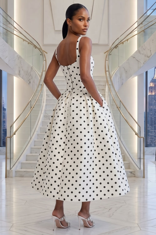 PARIS TAILORED SQUARE NECKLINE POLKA DOT DRESS