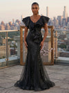 GALA RUFFLED DRAMA SEQUIN MERMAID BLACK GOWN