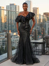 GALA RUFFLED DRAMA SEQUIN MERMAID BLACK GOWN