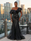 GALA RUFFLED DRAMA SEQUIN MERMAID BLACK GOWN
