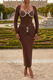 CRYSTAL BUSTIER DRAPED DETAIL BANDAGE MAXI DRESS (BROWN)