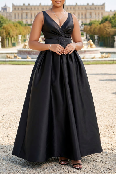 ELEGANCE V-NECK BELTED MAXI DRESS WITH POCKETS (BLACK)