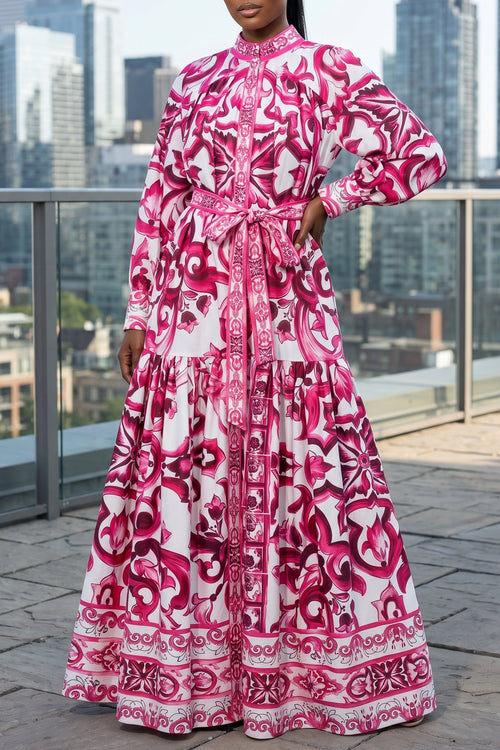 RUNWAY RED AND WHITE PORCELAIN PRINT BUTTON DOWN MAXI DRESS