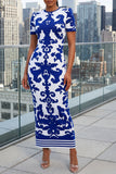 ROUND NECK SHORT SLEEVES JACQUARD BANDAGE MAXI DRESS