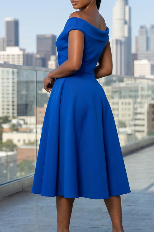 SWEETHEART NECKLINE OFF-THE-SHOULDER MIDI DRESS (ROYAL BLUE)