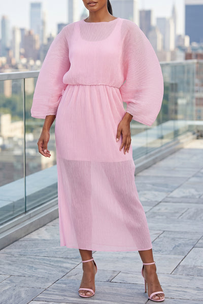 SOFT PINK PLISSÉ DRESS WITH BUBBLE SLEEVES