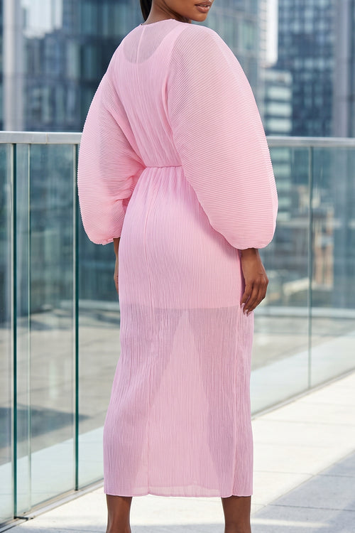 SOFT PINK PLISSÉ DRESS WITH BUBBLE SLEEVES
