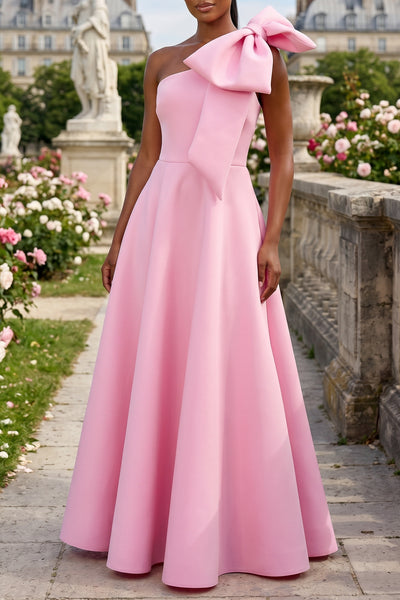 SINGLE SHOULDER BOW DETAILED MAXI DRESS WITH POCKETS (PINK)
