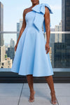 SINGLE SHOULDER BOW DETAIL FLARE MIDI DRESS WITH POCKETS (BABY BLUE)