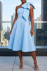SINGLE SHOULDER BOW DETAIL FLARE MIDI DRESS WITH POCKETS (BABY BLUE)