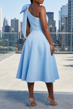 SINGLE SHOULDER BOW DETAIL FLARE MIDI DRESS WITH POCKETS (BABY BLUE)