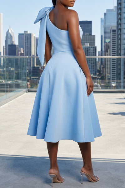 SINGLE SHOULDER BOW DETAIL FLARE MIDI DRESS WITH POCKETS (BABY BLUE)