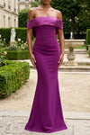 OFF SHOULDER TAFFETA AND CREPE MIX MERMAID DRESS WITH REMOVABLE BOW (PLUM)